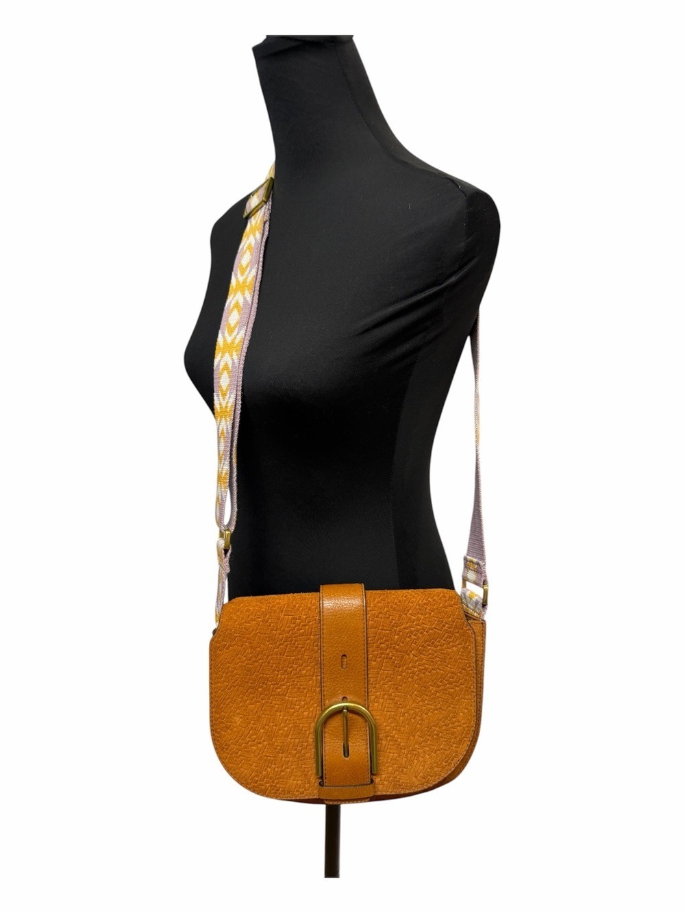 Fossil Tan Cognac Genuine Leather Woven Saddle Crossbody Bag Guitar Strap Boho